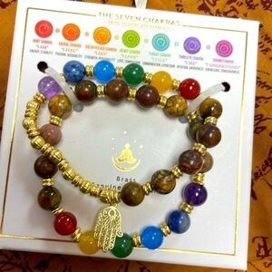 Brand New Seven Chakras Brass Genuine Gemstone Set of 2 Beaded Bracelets Hamsa